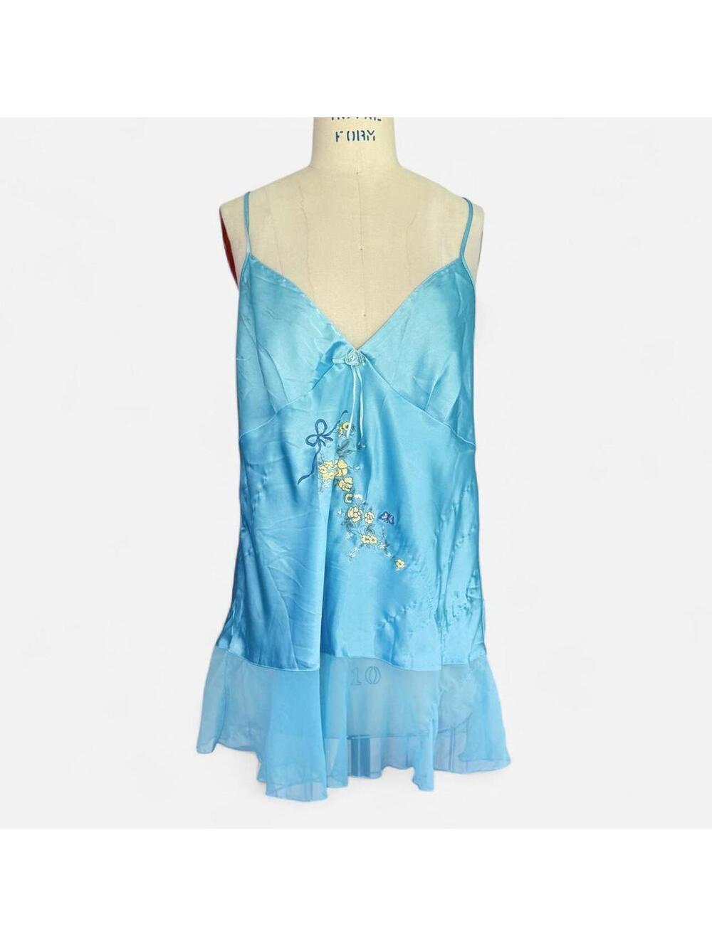 90sTurquoise Fairy Slip Dress Embroidered Floral Babydoll Chiffon
